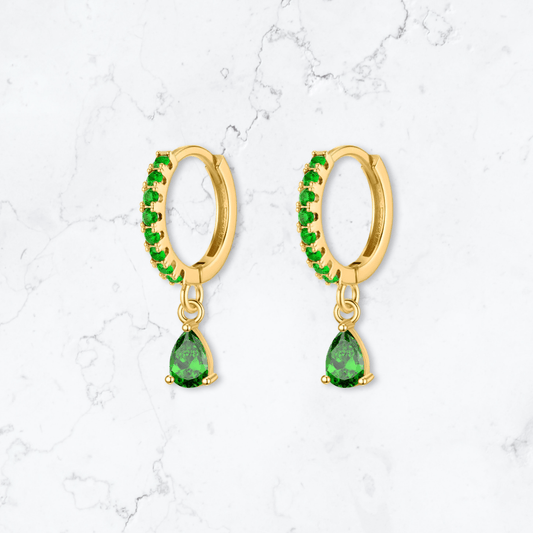 Gold Single Drop Green Crystal Huggies - Gemineye Jewellery