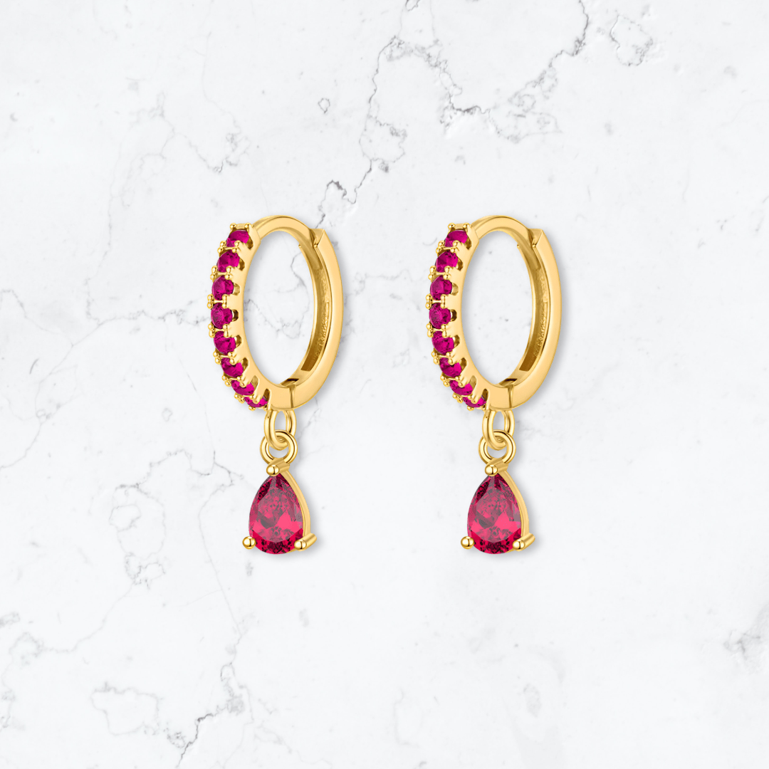 Gold Single Drop Pink Crystal Huggies - Gemineye Jewellery