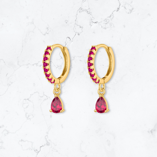 Gold Single Drop Pink Crystal Huggies - Gemineye Jewellery