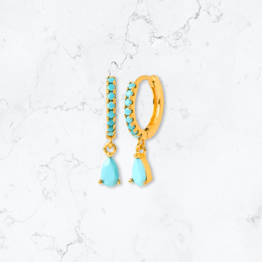 Gold Single Drop Teal Crystal Earrings - Gemineye Jewellery