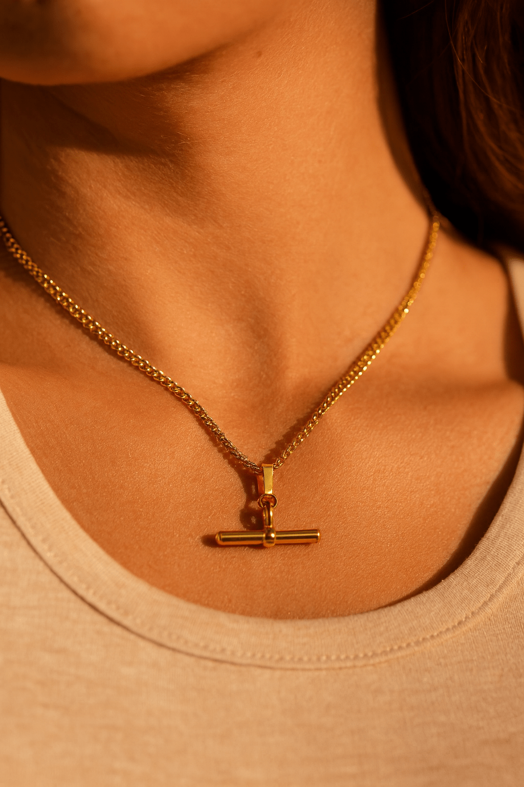 Gold T-Bar Necklace by Gemineye Jewellery