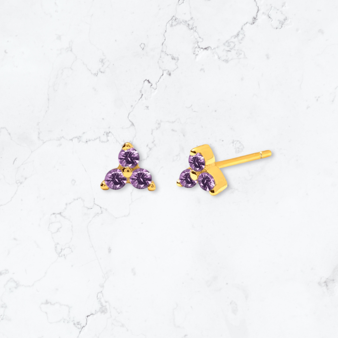 Gold Triangle Purple Crystal Studs - Gemineye Jewellery
