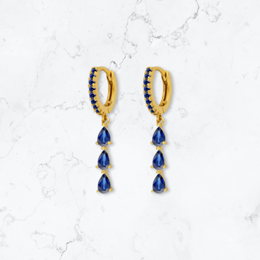 Gold Triple Drop Blue Huggies - Gemineye Jewellery