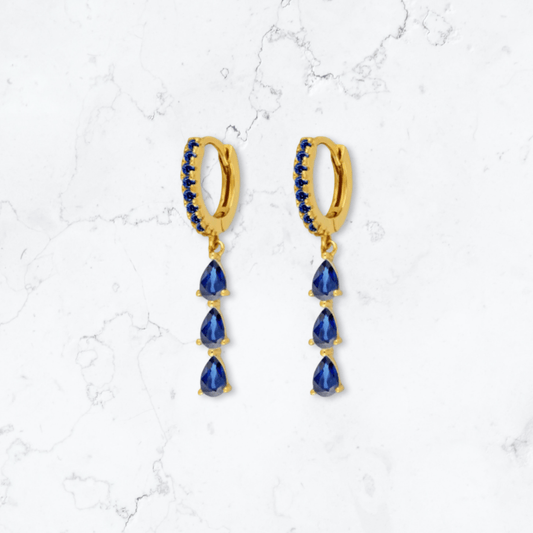 Gold Triple Drop Blue Huggies - Gemineye Jewellery