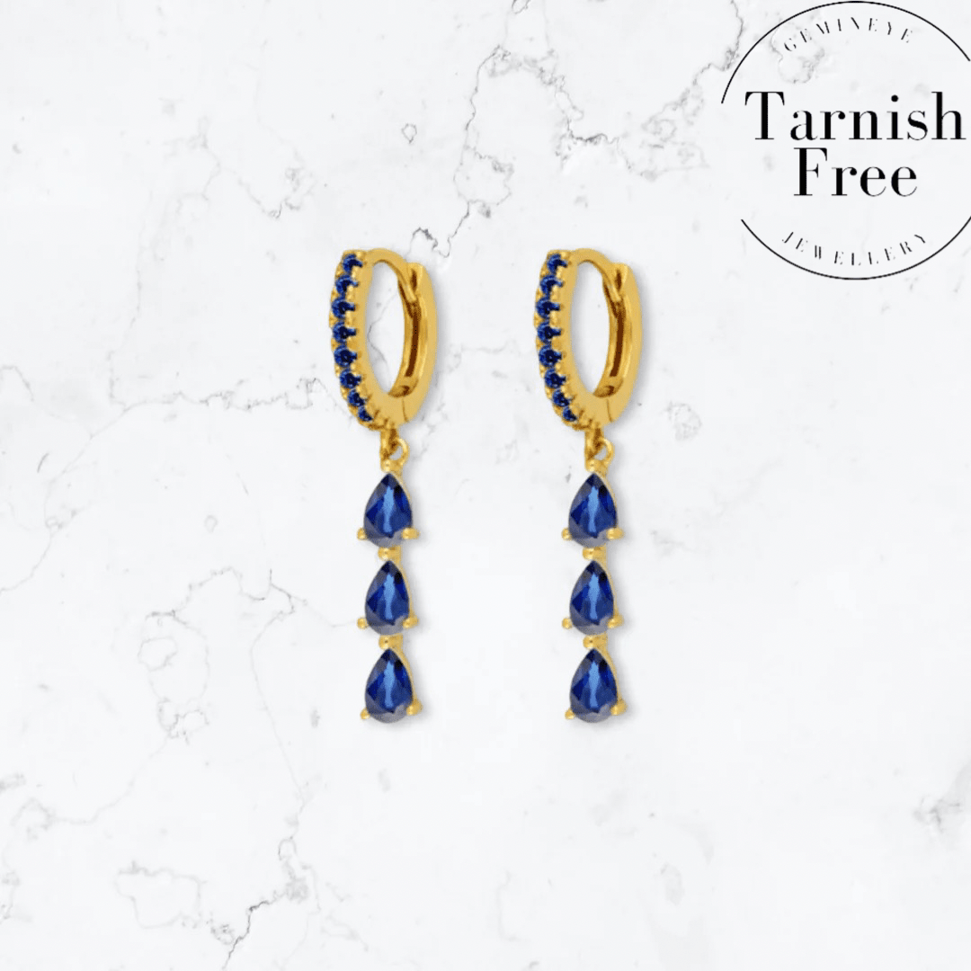 Gold Triple Drop Blue Huggies - Gemineye Jewellery