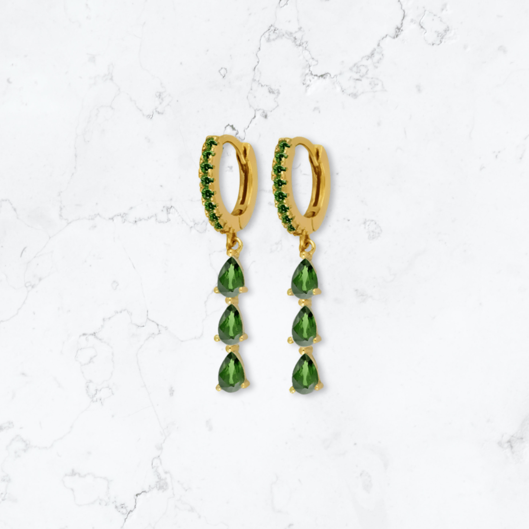Gold Triple Drop Green Huggies - Gemineye Jewellery