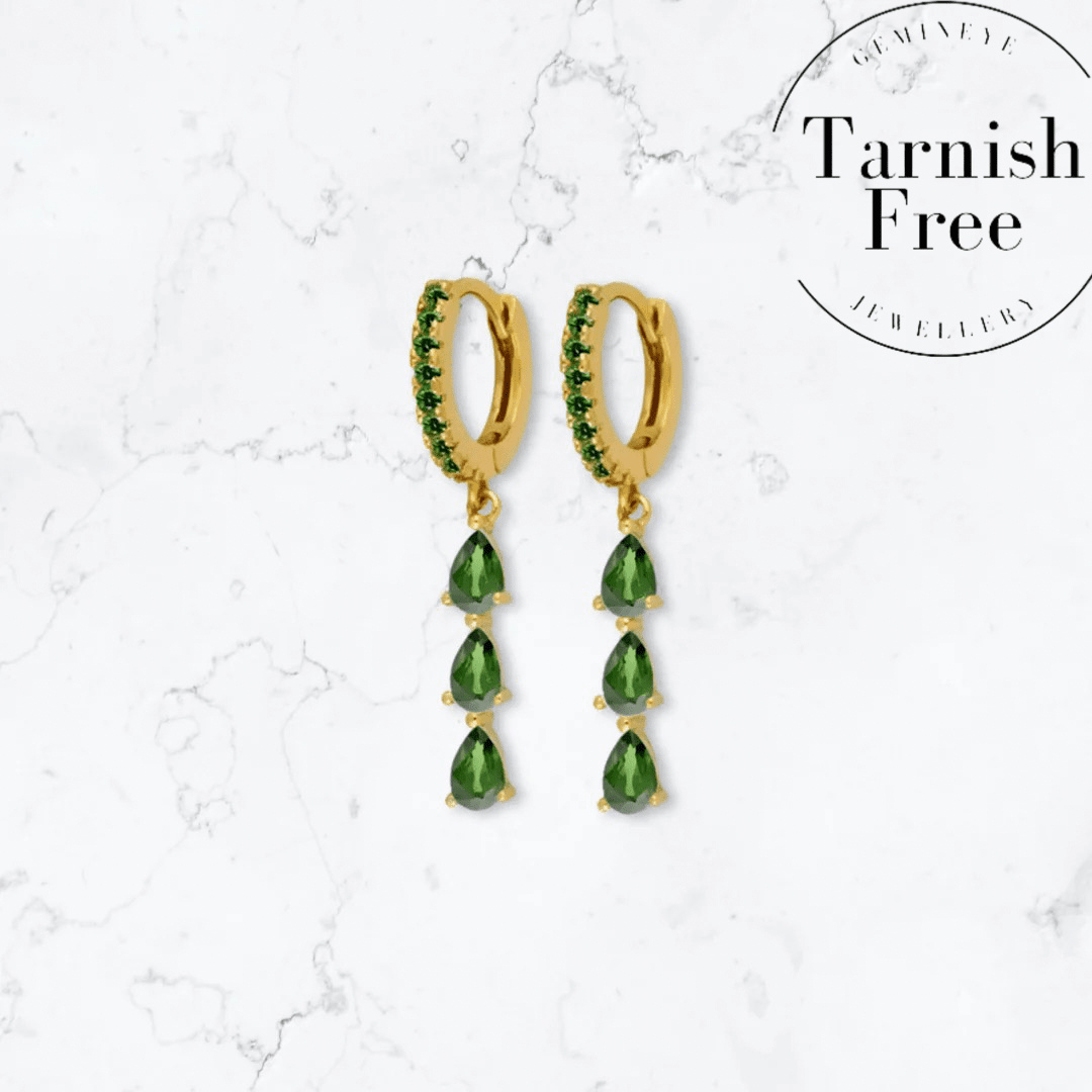 Gold Triple Drop Green Huggies - Gemineye Jewellery