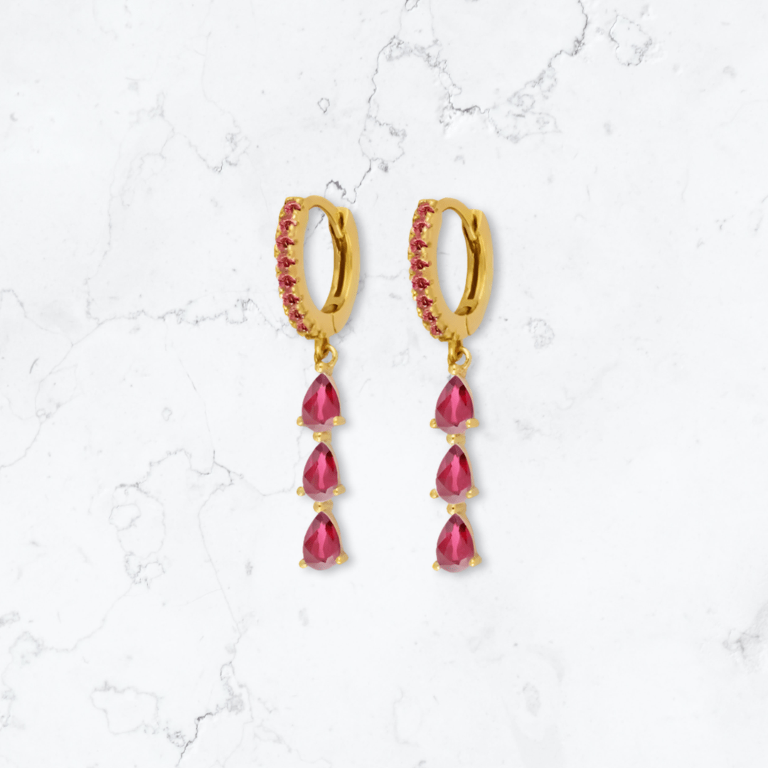 Gold Triple Drop Pink Huggies - Gemineye Jewellery