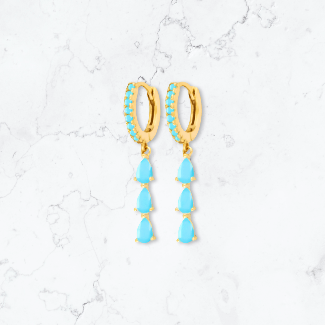 Gold Triple Drop Teal Huggies - Gemineye Jewellery
