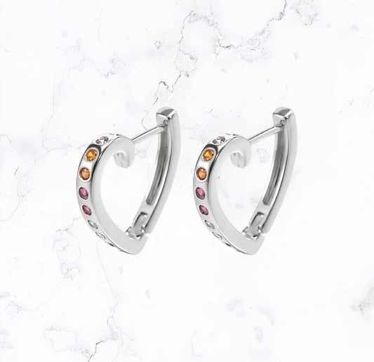 Silver Heart Gem Clicker Hoop Earrings - Gemineye Jewellery