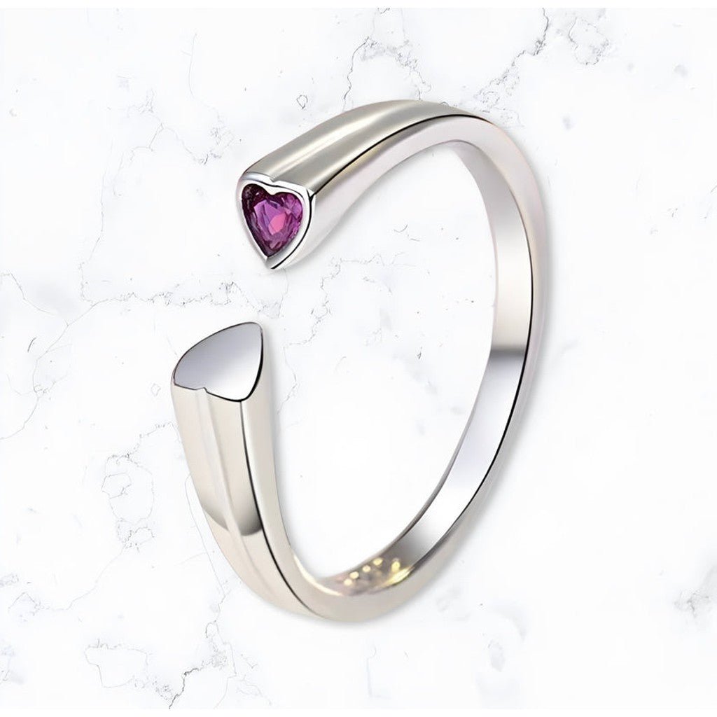 Silver Pink Crystal Heart Open Ring - Gemineye Jewellery