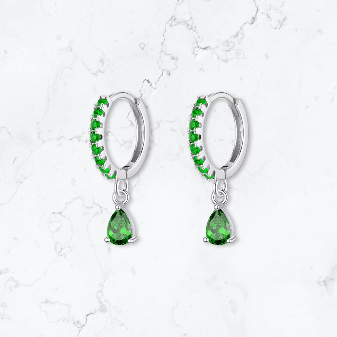 Silver Single Drop Green Crystal Huggies - Gemineye Jewellery