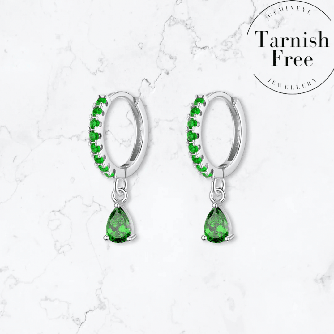 Silver Single Drop Green Huggies - Gemineye Jewellery