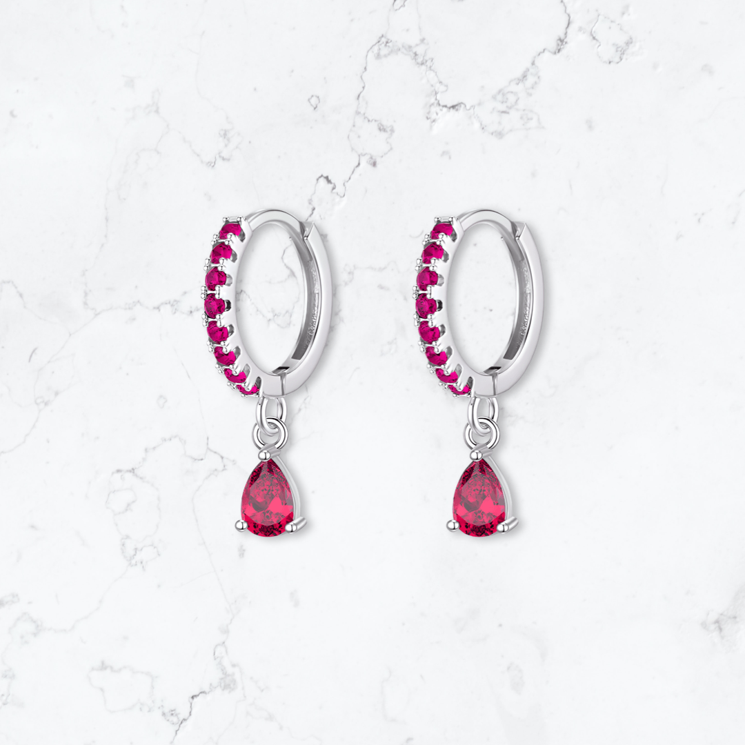Silver Single Drop Pink Crystal Huggies - Gemineye Jewellery