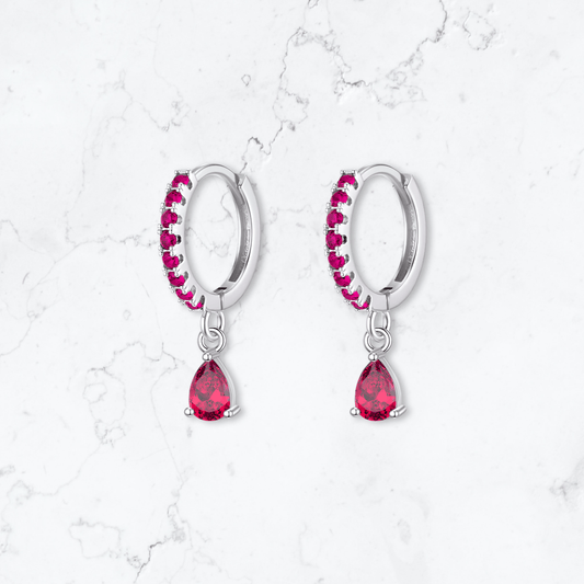 Silver Single Drop Pink Crystal Huggies - Gemineye Jewellery