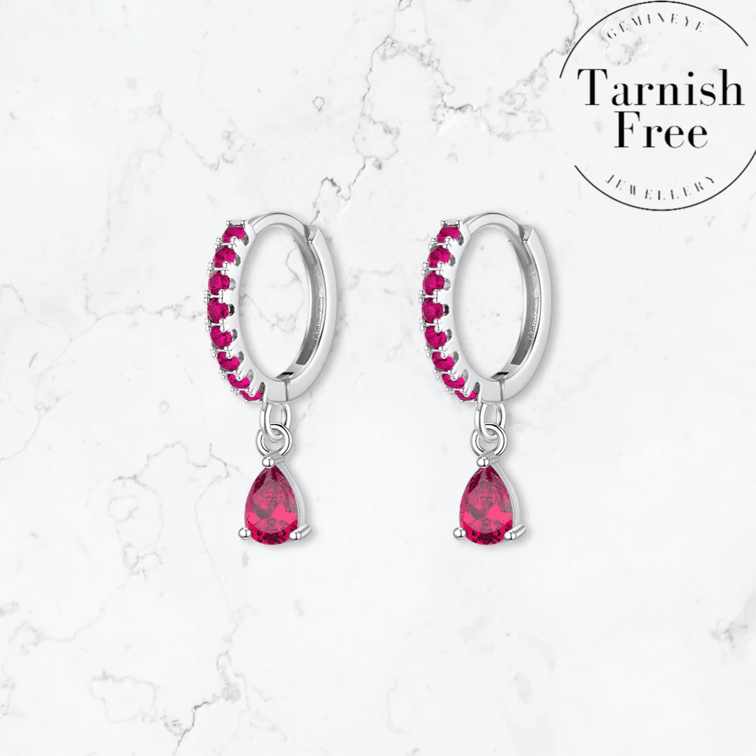 Silver Single Drop Pink Crystal Huggies - Gemineye Jewellery