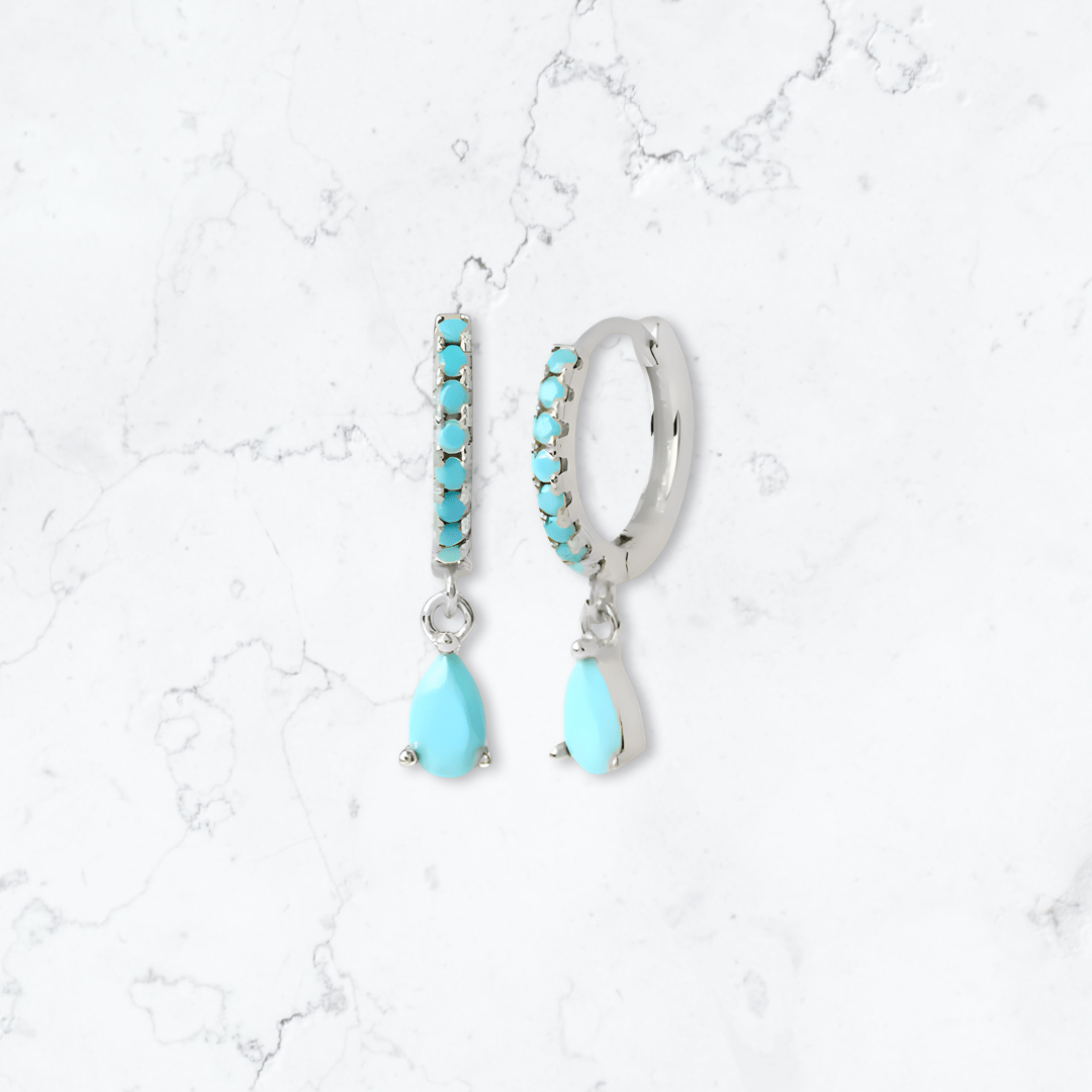 Silver Single Drop Teal Crystal Huggies - Gemineye Jewellery