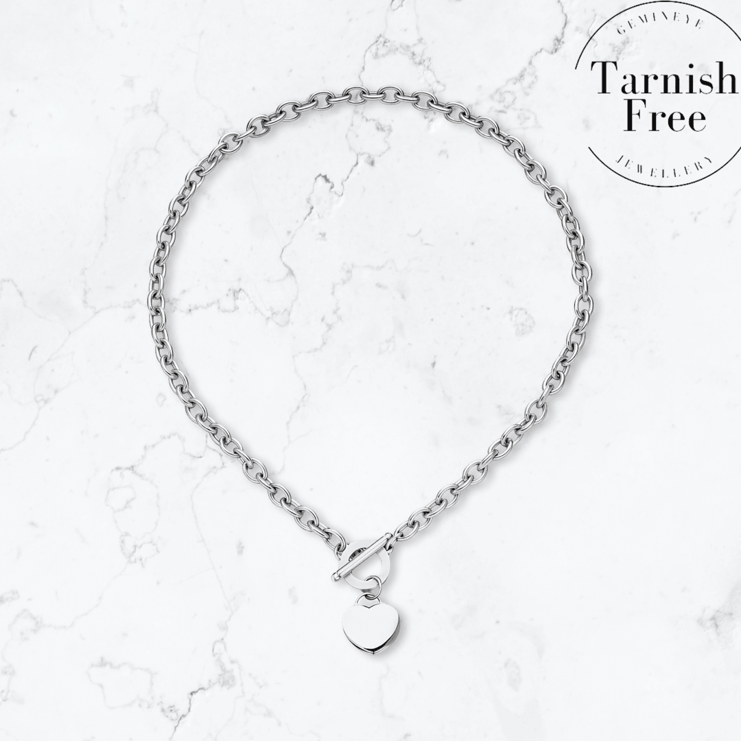 Silver T-Bar Heart Necklace - Gemineye Jewellery