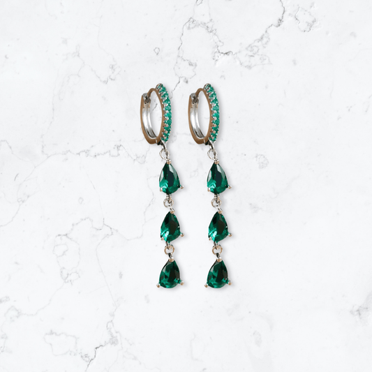 Silver Triple Drop Green Crystal Huggies - Gemineye Jewellery
