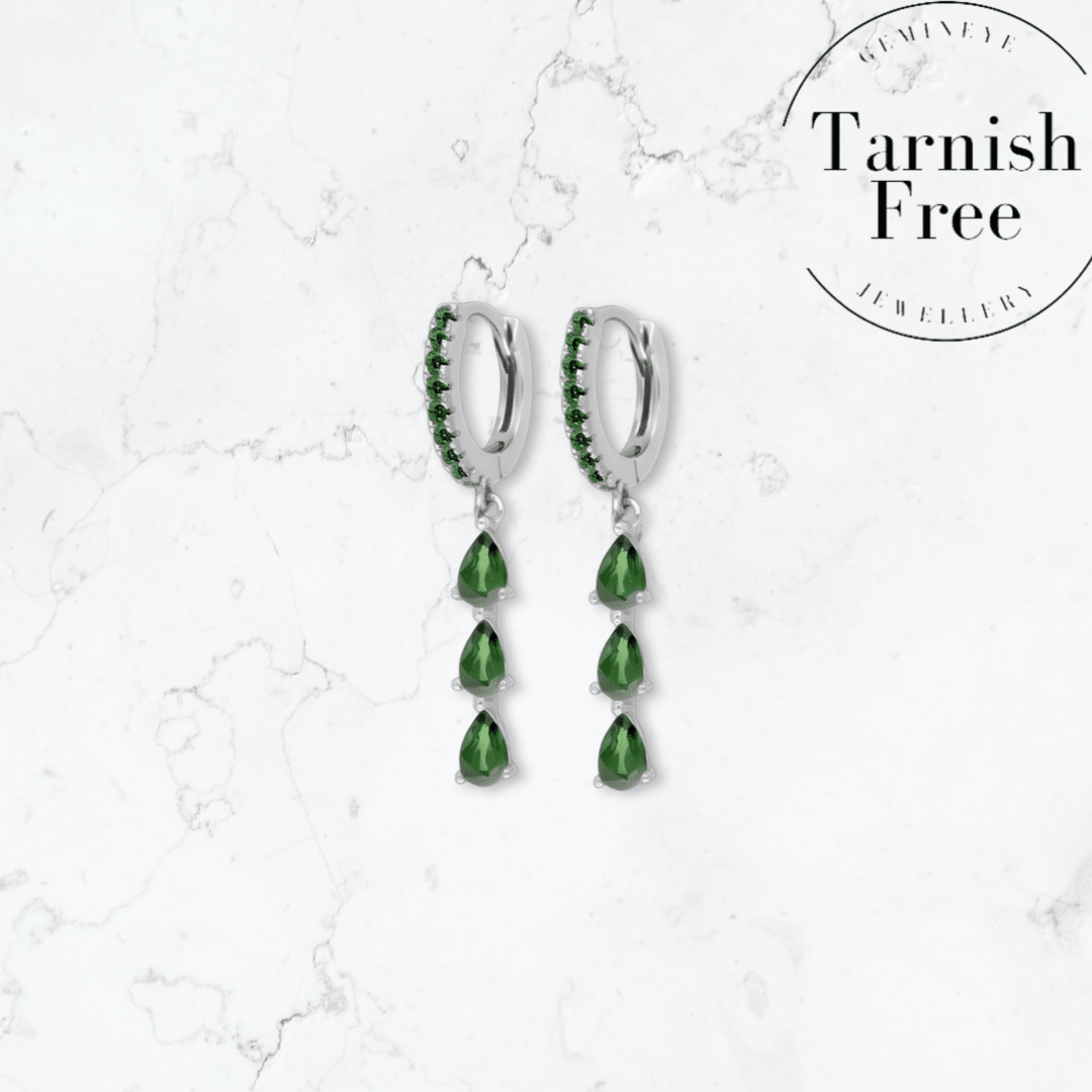Silver Triple Drop Green Huggies - Gemineye Jewellery