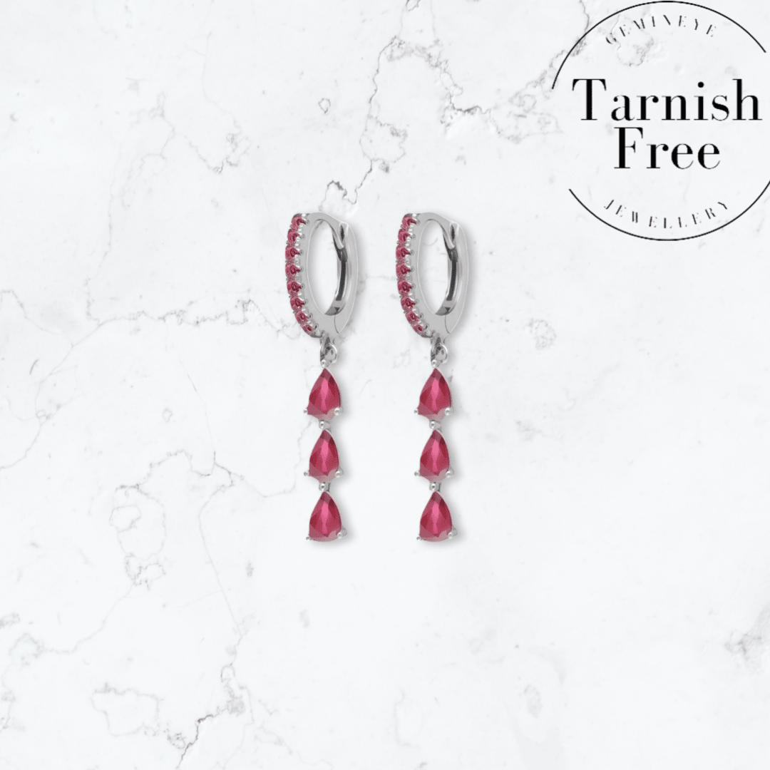 Silver Triple Drop Pink Huggies - Gemineye Jewellery
