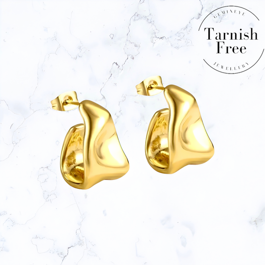 Gold bracelets for women, gold earrings for women, gold bangle, silver bracelet for women, silver, earrings for women, silver rings for women, silver necklace women, A pair of Gold Molten Drop Earrings by Gemineye Jewellery with the words "terrish free" engraved.