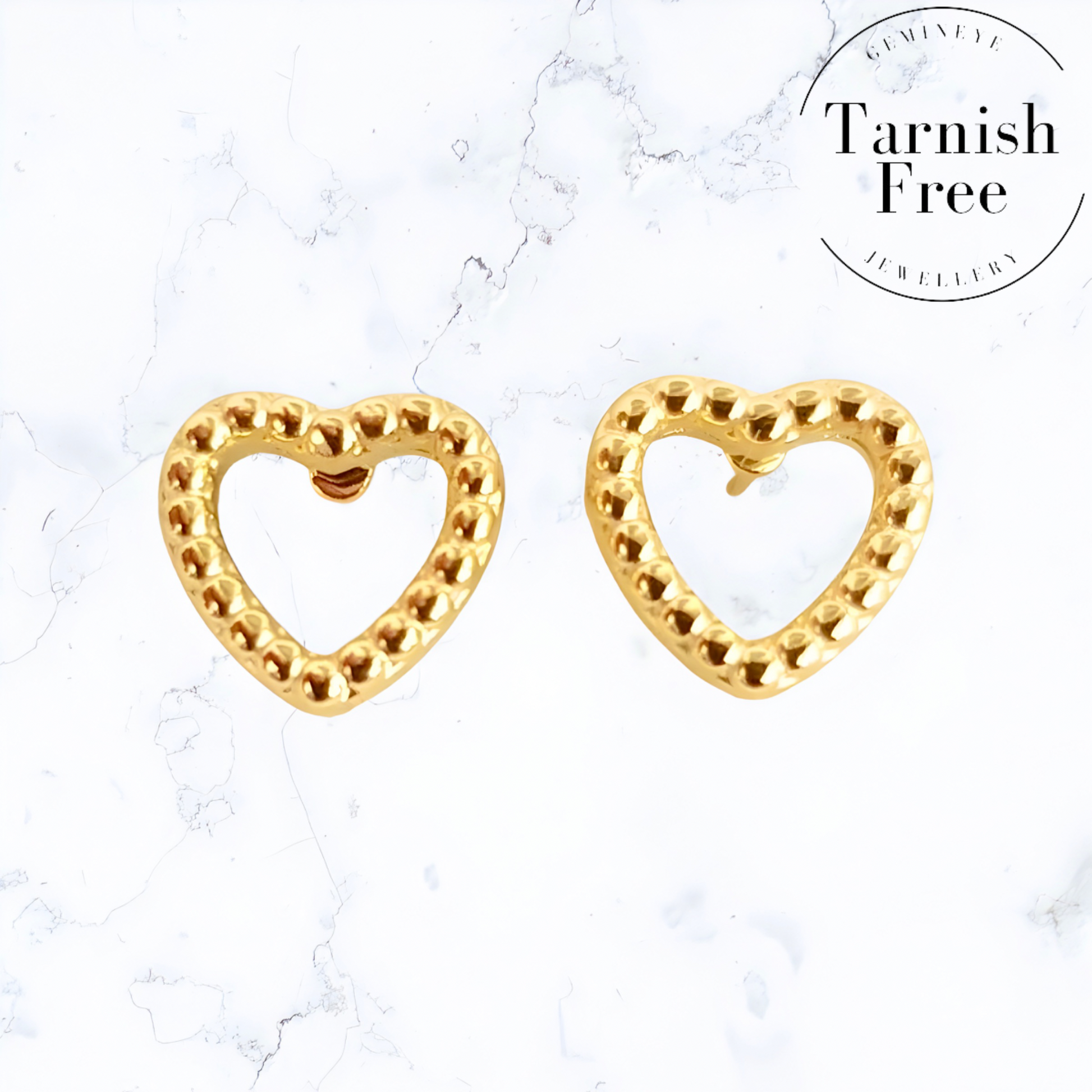 A pair of Gold Beaded Heart Stud Earrings plated in gold by Gemineye Jewellery, Gold bracelets for women, gold earrings for women, gold bangle, silver bracelet for women, silver, earrings for women, silver rings for women, silver necklace women