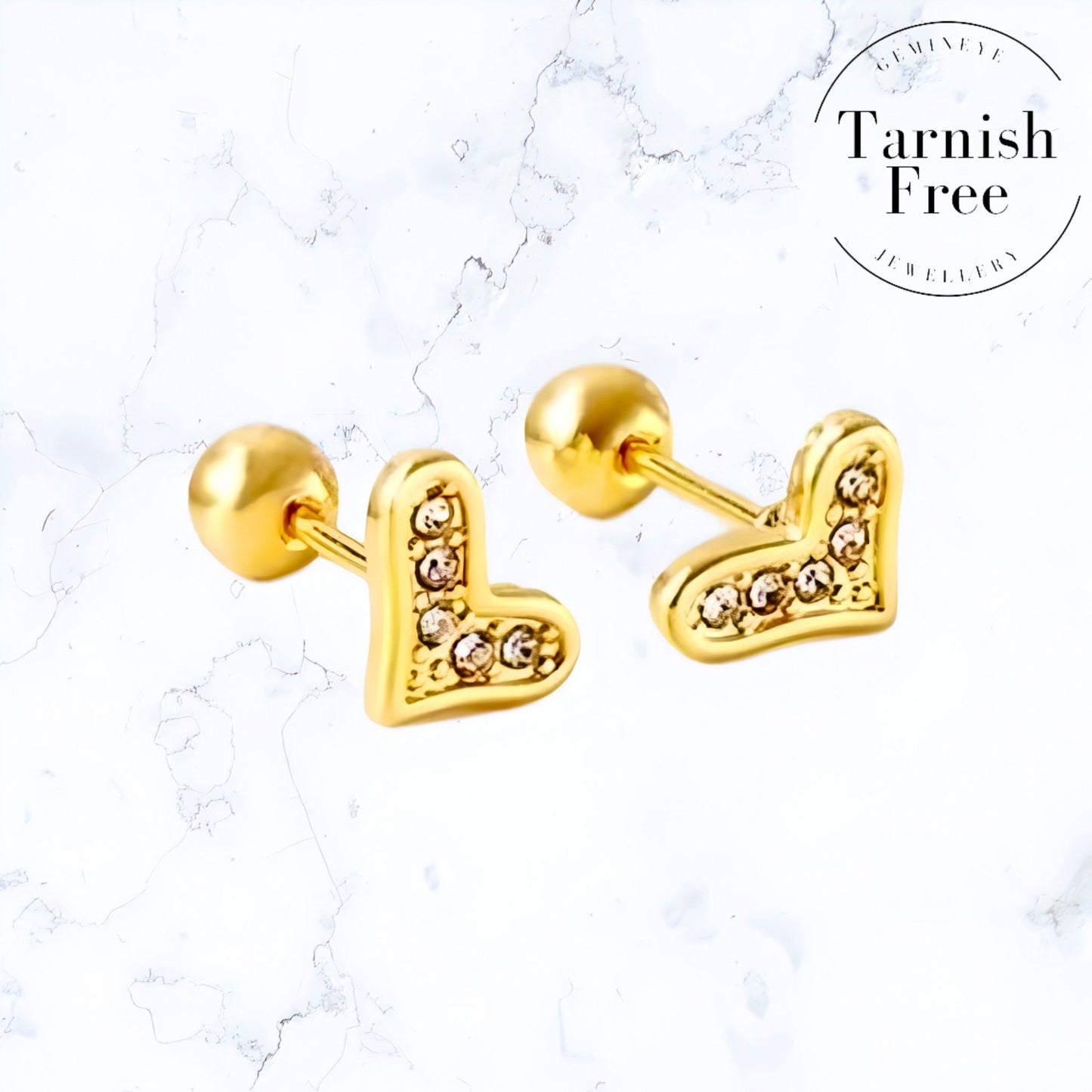 Gold Ball Back Heart Stud Earrings - Gemineye Jewellery