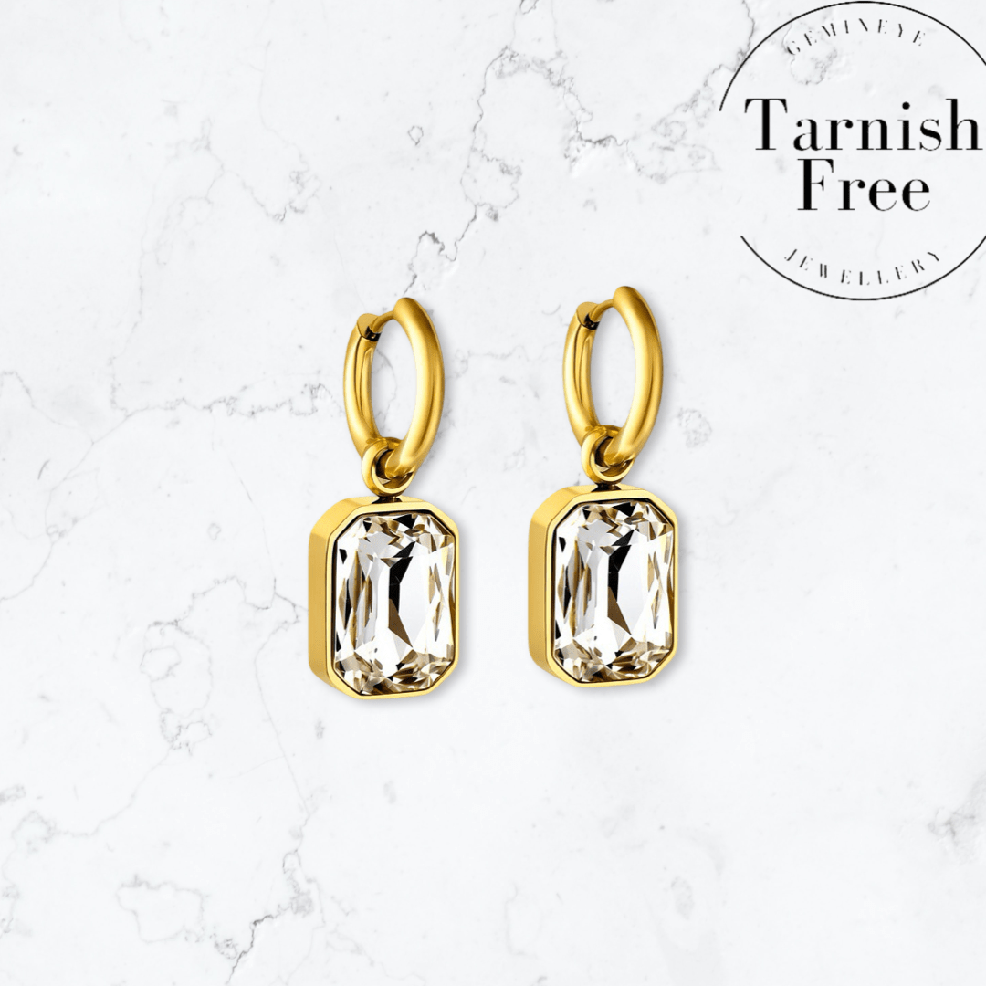Gold Emerald Drop Huggies - Gemineye Jewellery