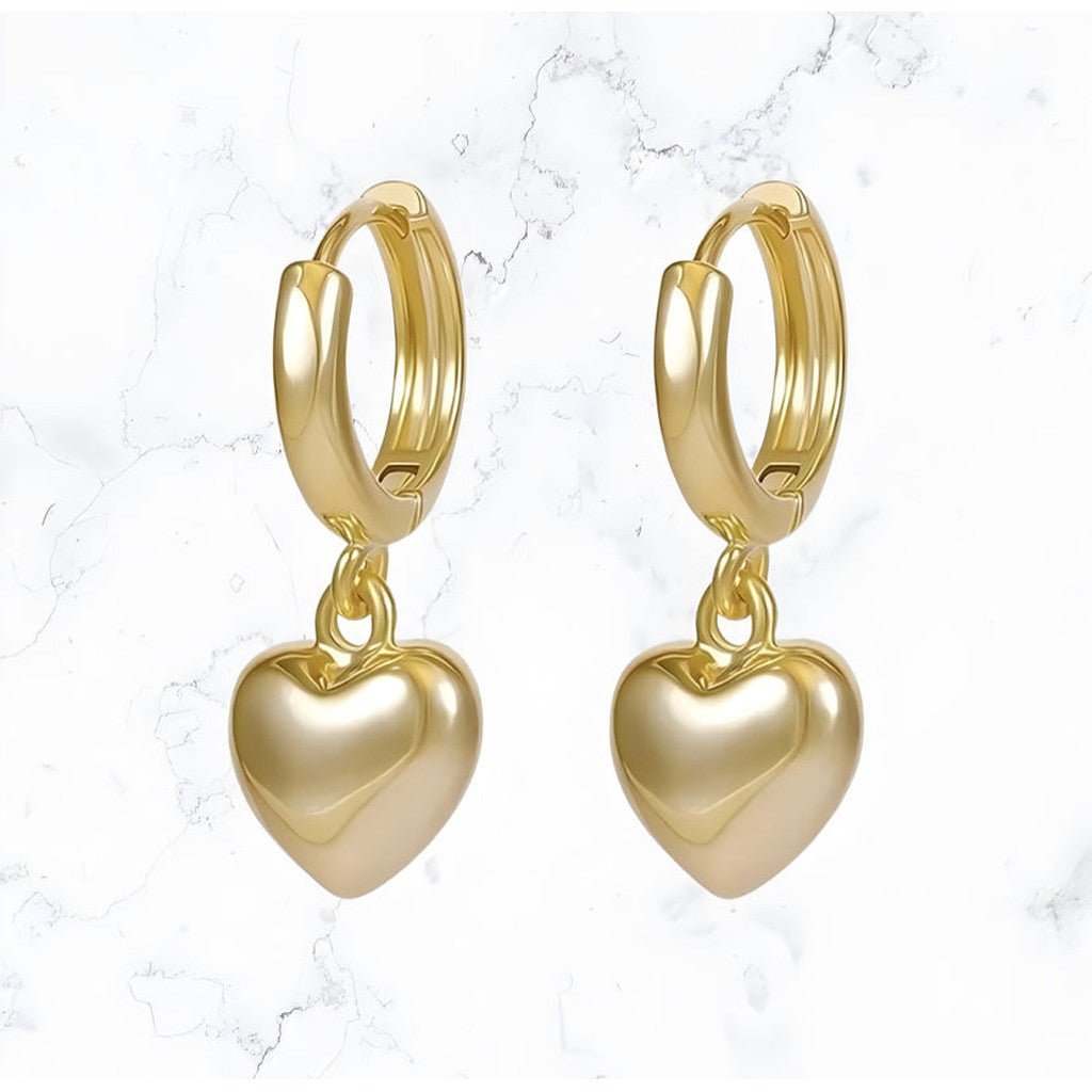 Gold Heart Drop Hoop Earrings - Gemineye Jewellery