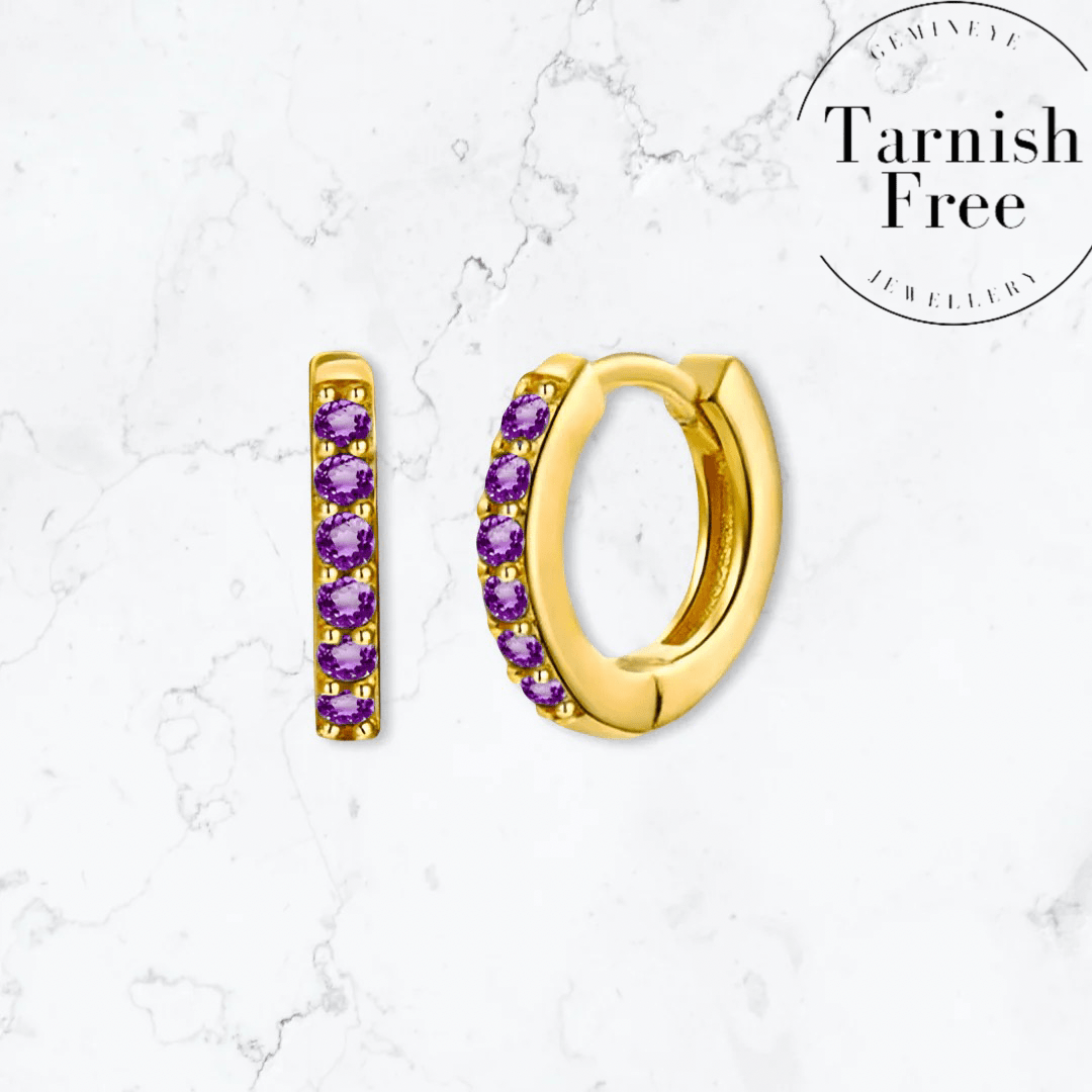 Gold Purple Crystal Huggies - Gemineye Jewellery