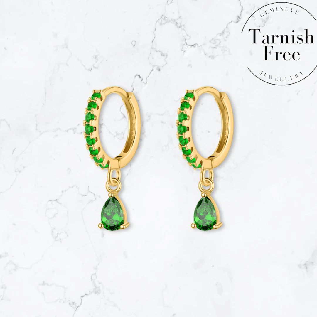 Gold Single Drop Green Huggies - Gemineye Jewellery