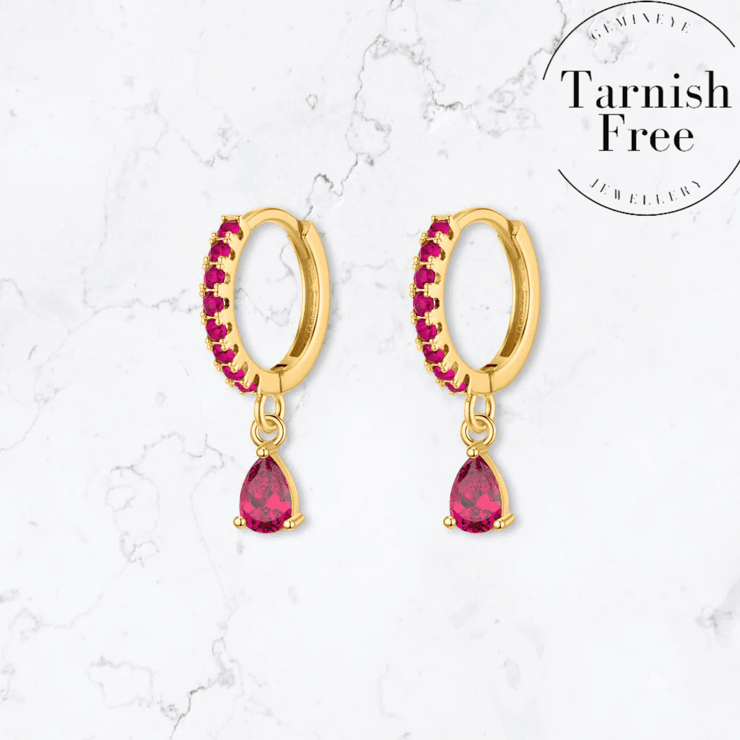 Gold Single Drop Pink Crystal Huggies - Gemineye Jewellery