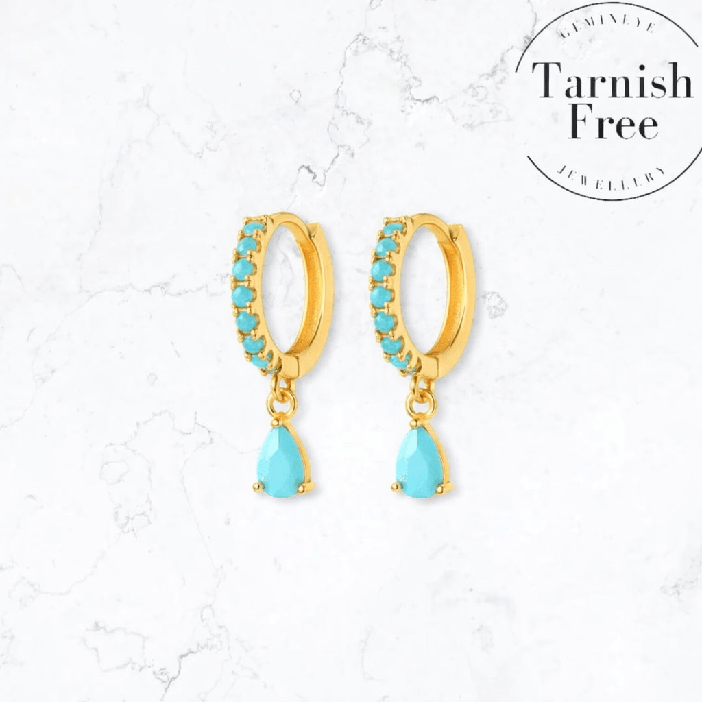 Gold Single Drop Teal Huggies - Gemineye Jewellery