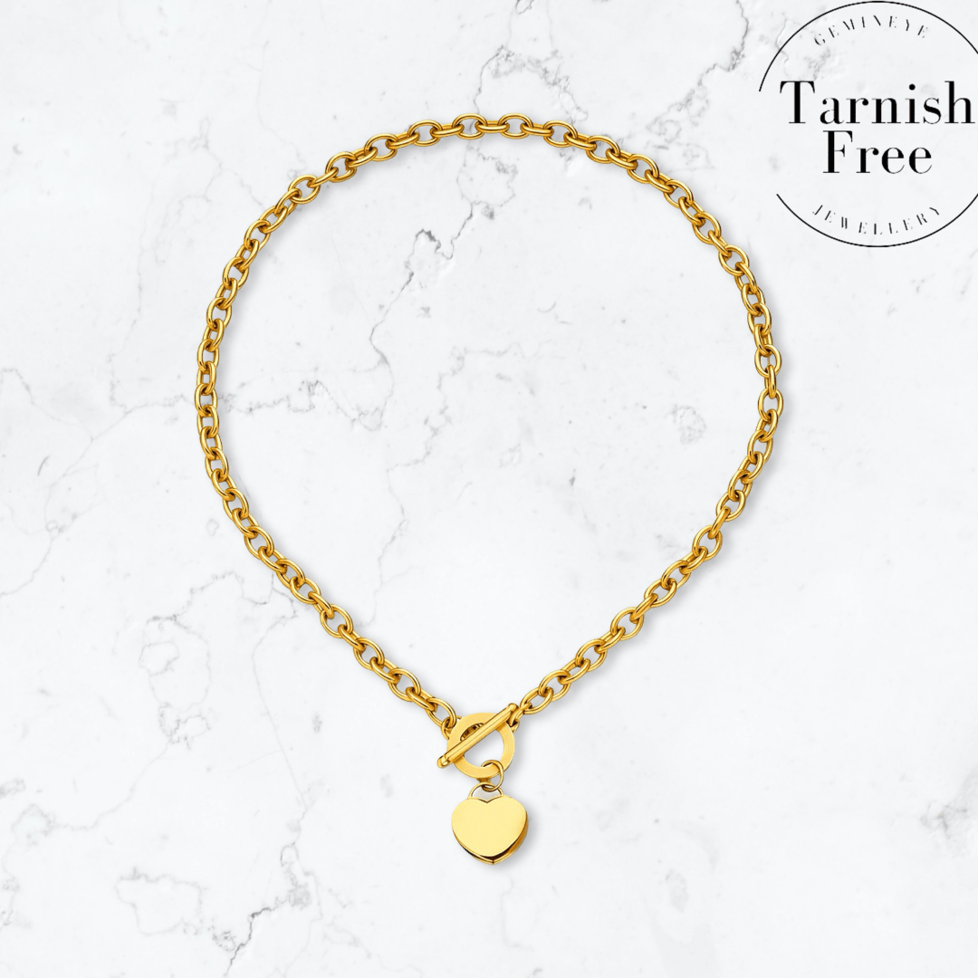 Gold T-Bar Heart Necklace - Gemineye Jewellery