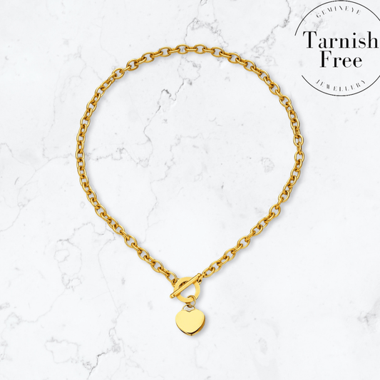 Gold T-Bar Heart Necklace - Gemineye Jewellery