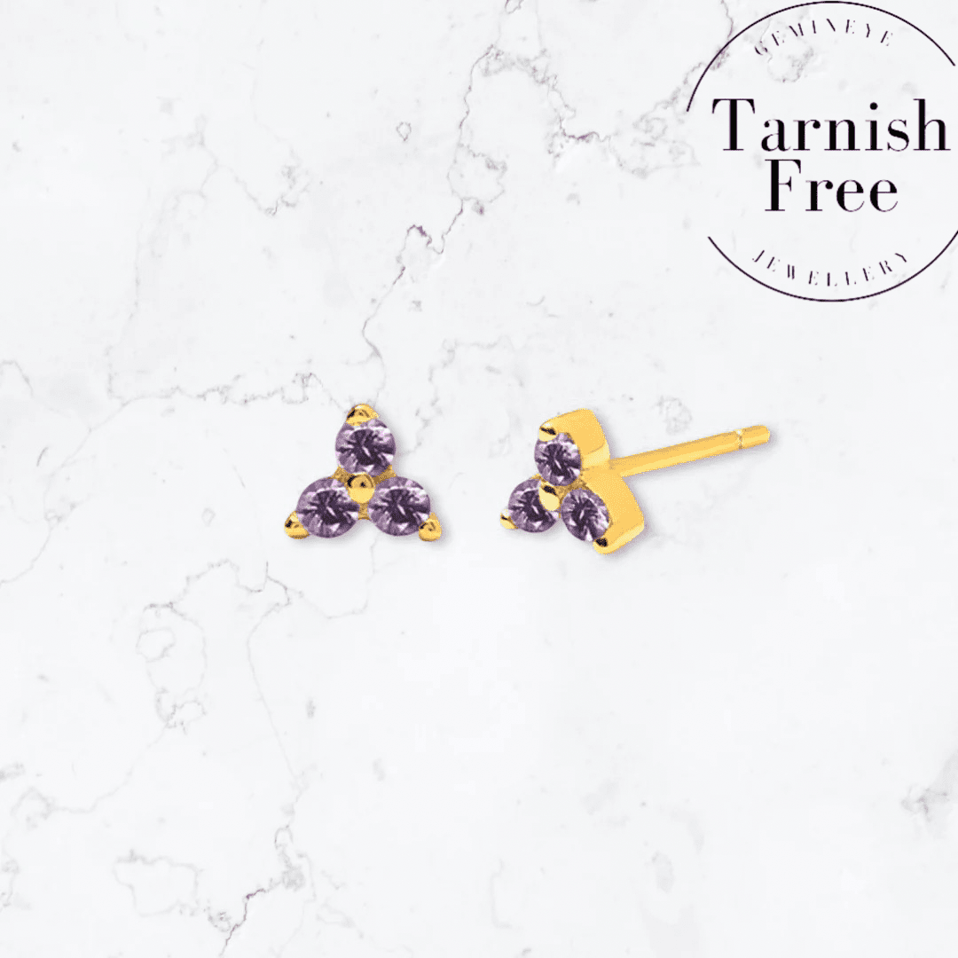 Gold Triangle Purple Crystal Studs - Gemineye Jewellery