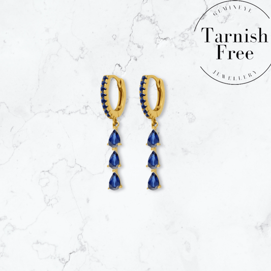Gold Triple Drop Blue Huggies - Gemineye Jewellery