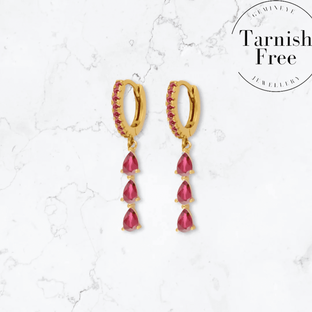 Gold Triple Drop Pink Huggies - Gemineye Jewellery