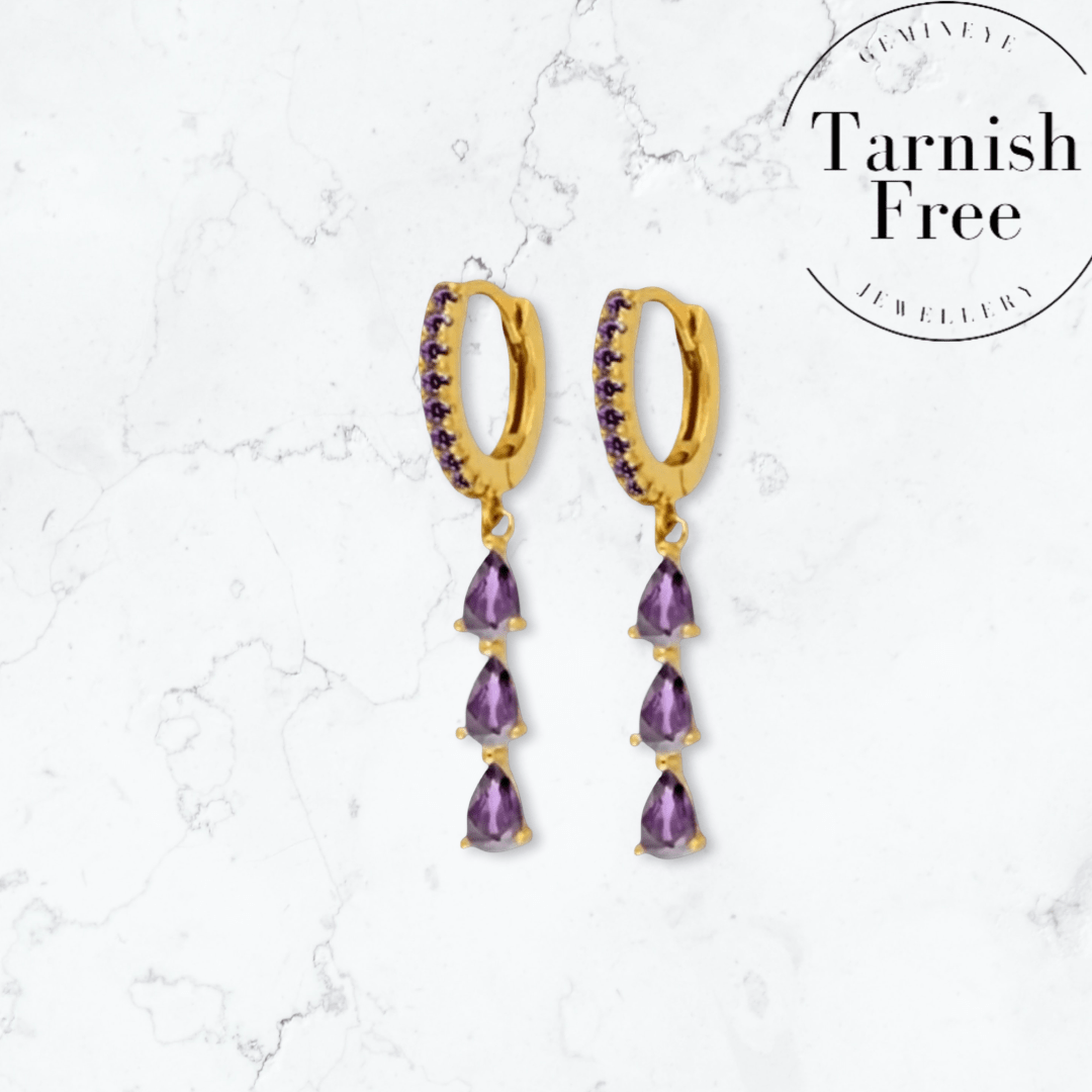 Gold Triple Drop Purple Huggies - Gemineye Jewellery
