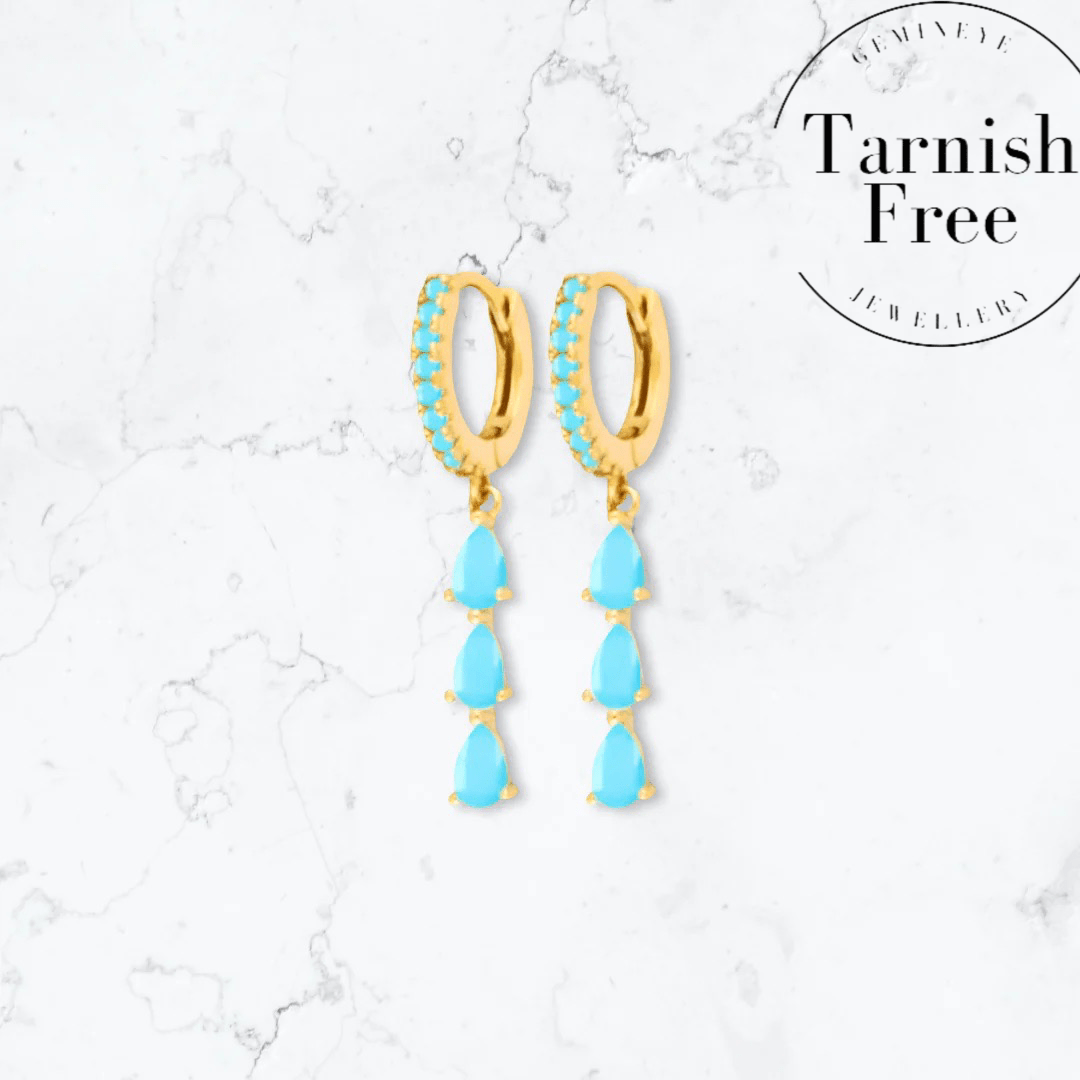 Gold Triple Drop Teal Huggies - Gemineye Jewellery