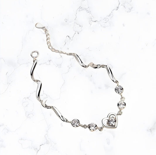 Silver Crystal Heart Charm CZ Bracelet - Gemineye Jewellery