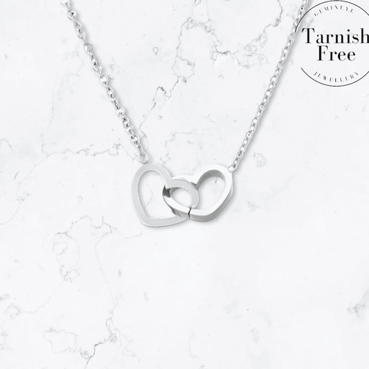 Silver Double Linked Heart Pendant Necklace - Gemineye Jewellery