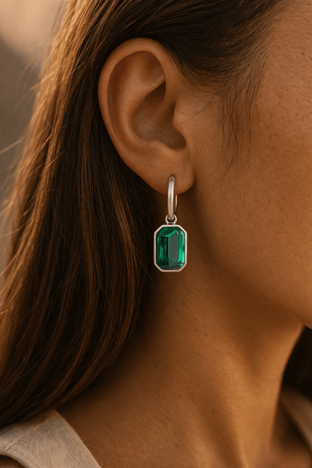 Silver Emerald Green Drop Huggies - Gemineye Jewellery