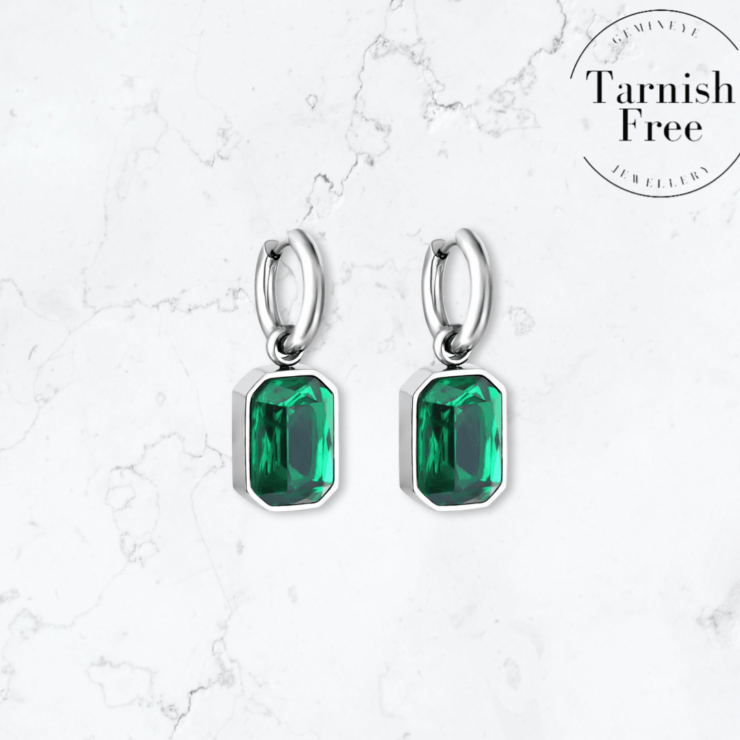 Silver Emerald Green Drop Huggies - Gemineye Jewellery