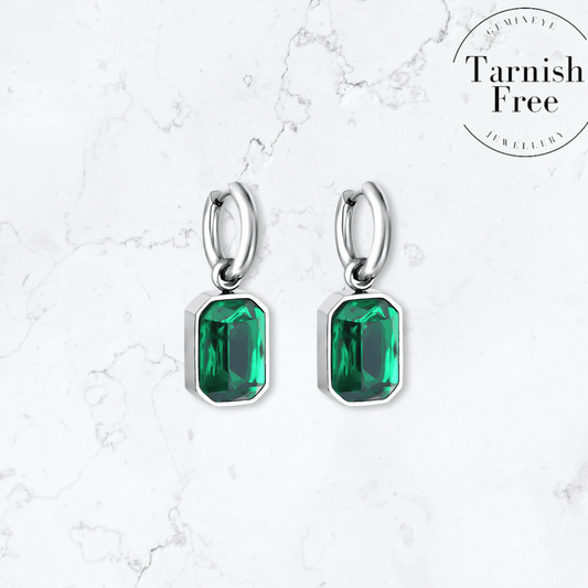 Silver Emerald Green Drop Huggies - Gemineye Jewellery