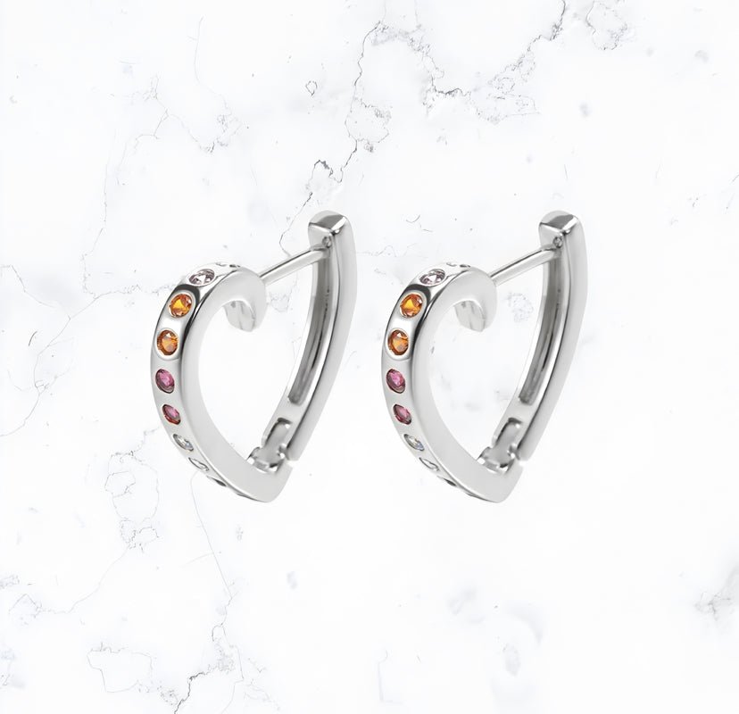 Silver Heart Gem Clicker Hoop Earrings - Gemineye Jewellery