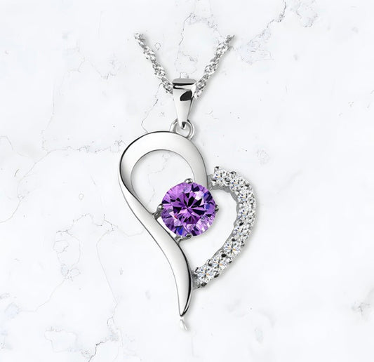 Silver Heart Stud Purple Crystal Necklace - Gemineye Jewellery