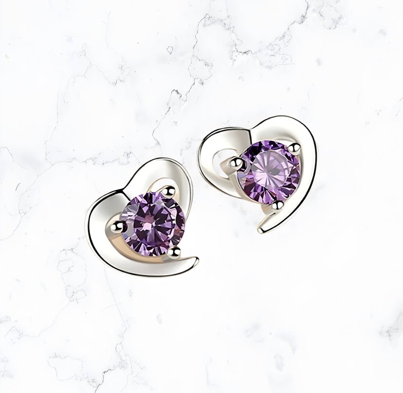 Silver Heart Stud Sparkle Earrings Purple - Gemineye Jewellery