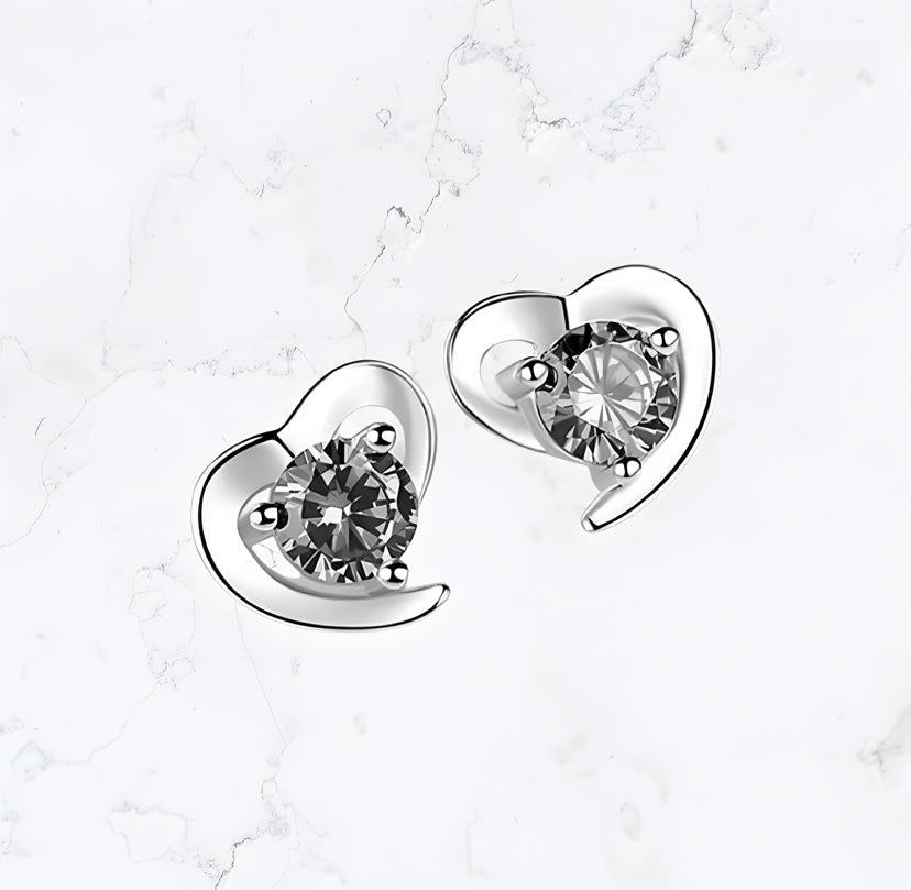 Silver Heart Stud Sparkle Earrings White - Gemineye Jewellery